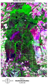 Foto do satlite TM Landsat com detalhe das reas desmatadas na Terra Indgena Sangradouro. Agradecimentos Ariovaldo Umbelino de Oliveira.